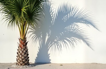 Aufkleber - Palm tree casts shadow on white wall. Tropical plant creates minimalist summer design. Sunny day. Natural light. Relaxing vacation atmosphere. Exotic beach scene. Beautiful foliage. Stylish