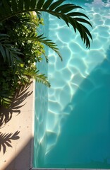 Poster - Sunny day near swimming pool. Rich green plants cast shadows on light beige ground near water. Bright turquoise water reflects sunlight. Peaceful summer scene. Perfect for relaxation, vacation ideas.