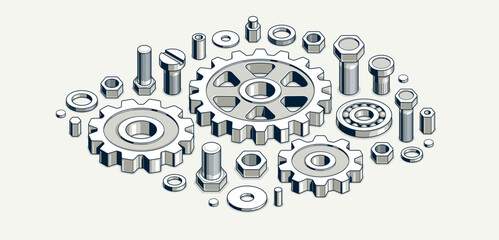 Engineer education concept, gears and cogs composition isometric 3D vector illustration, study science in university, engineering learning.