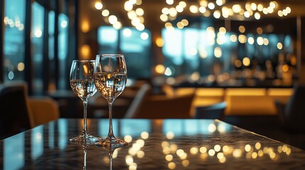 Poster - Two wine glasses reflecting warm atmospheric lights in restaurant setting