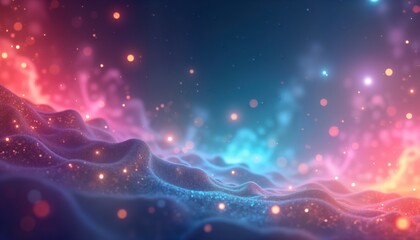 Aufkleber - Abstract vibrant landscape with glowing particles. Dynamic colorful waves, glowing light effects. Modern futuristic design. Background image for tech presentations digital art. Suitable for abstract