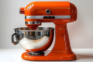 vintage red mixer isolated Red kitchen mixer with bowl on a white background and copy space.