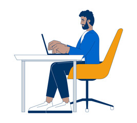  - African american man working on laptop 2D cartoon character. Bearded black guy at office workplace with computer isolated person flat vector on white background. Spot illustration colorful