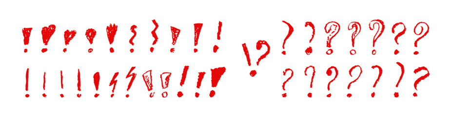 Poster - Exclamation and question marks symbols set. Red crayon hand written signs. Doodle icons collection for emphasize important or dangerous warning text. Vector sketch or graffiti style exclamation marks.