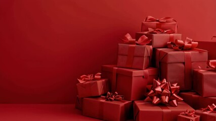 Wall Mural - heap of red gifts on red background with copy space for text