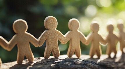 Poster - Wooden figures holding hands, symbolizing unity and teamwork, on a tree branch