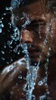 © COK House - A man stands drenched with water in a studio image, portraying a mysterious and stern atmosphere. His distinct features stand out in the dynamic, cool setting.