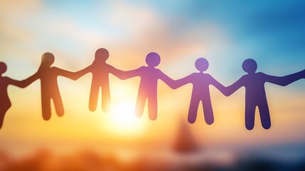 Poster - Paper chain people holding hands at sunset: teamwork and unity
