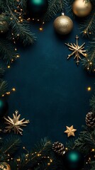 Poster - Christmas background with fir branches, ornaments, and lights creating a festive frame
