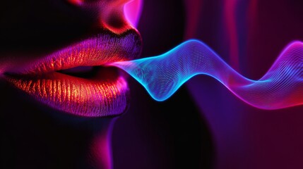 Wall Mural - Woman lips with sound wave on black background in neon light