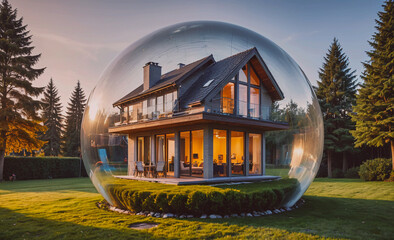 Poster - House is inside a bubble. The bubble is made of glass. The house is surrounded by trees