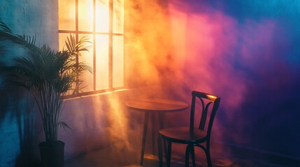 Poster - Empty chair and table by window in smoky room illuminated by colorful lights