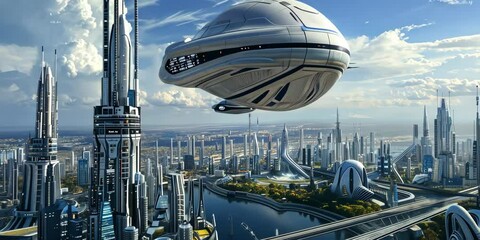 Wall Mural - futuristic cityscape with flying cars, 4k video