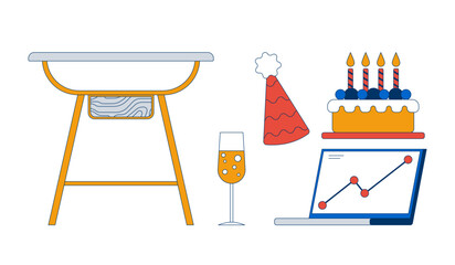 Poster - Company milestone celebration party 2D cartoon objects set. Table, sparkling wine glass, candles cake, laptop isolated elements flat vector cliparts on white background. Spot illustrations collection