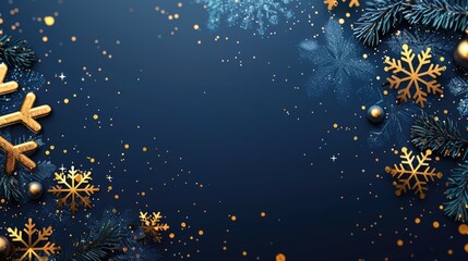 Wall Mural - dark navy blue christmas background with golden snowflakes