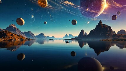 Wall Mural - Video footage of surreal landscape with floating planets and a serene lake reflecting jagged mountains under a starry sky, creating a fantastical and otherworldly scene