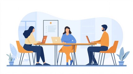 Poster - Office workers team using laptops at desk completing checklist in modern office: