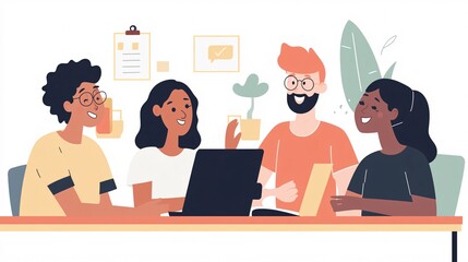 Poster - Smiling business team working together on project using laptop in the office