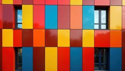 Poster - Colorful facade of building with vibrant panels. Modern architectural design with geometric shapes. Building exterior vivid colors in unique pattern. Exterior view of contemporary structure. Public