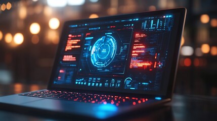 Poster - Futuristic laptop displaying a digital interface with glowing blue and red graphics in a dark setting.
