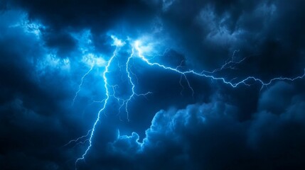 Lightning, electric thunderbolt strike of blue colour during night storm, impact, crack, magical energy flash. Thunderstorm flash on black background