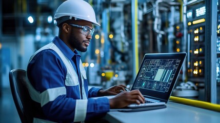 Fototapete - African Electrical Engineer Working on Laptop in Industrial Setting