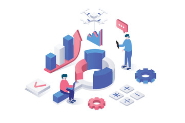 Fototapete - Data analysis 3d isometric concept in geometry graphic design for web. People making financial research, control and analyzing datum charts, searching information, accounting. Vector illustration.