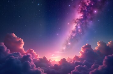 Poster - Pink, purple clouds fill sky at dawn dusk. Stars twinkle above soft celestial landscape. Dreamy view of space. Photo great for magazine website. Pink, purple clouds fluffy, soft. Starlight, cosmic