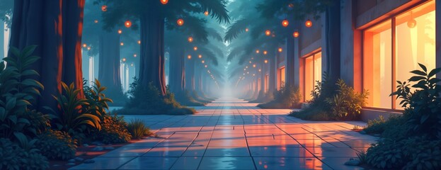 Fototapete - Stylish modern pathway lined with trees, plants. Warm orange light from buildings, hanging lamps creates futuristic ambiance. Pathway leads to distance. Calm, serene atmosphere. Beautiful