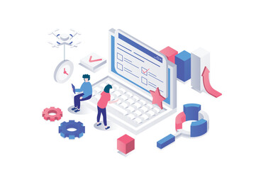 Fototapete - Online survey 3d isometric concept in geometry graphic design for web. People filling internet questionnaire list and ticking answers in checklist, evaluate in feedback form. Vector illustration.
