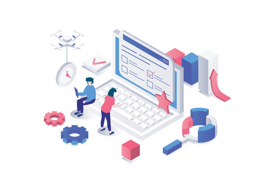 Online survey 3d isometric concept in geometry graphic design for web. People filling internet questionnaire list and ticking answers in checklist, evaluate in feedback form. Vector illustration.