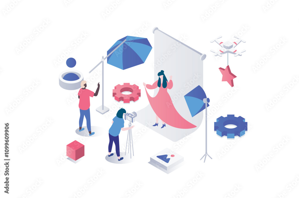 Photo studio 3d isometric concept in geometry graphic design for web ...