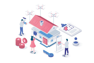 Aufkleber - Real estate 3d isometric concept in geometry graphic design for web. People building residential houses, planning architecture projects, investing money in construction industry. Vector illustration.