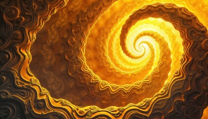 Poster - Abstract spiral pattern design in warm yellow, golden brown shades. Intricate, complex textures create sense of depth, movement. Complex spiral lines, curves combine to form surreal pattern. Vibrant