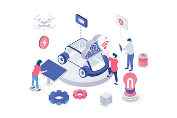 Fototapete - Smart car 3d isometric concept in geometry graphic design for web. People using electric auto with alternative green battery charging, wireless sensors and automatic control. Vector illustration.