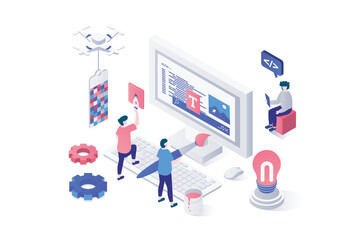 Leinwandbilder - Web design 3d isometric concept in geometry graphic design. People creating webpage wireframe template, filling page with content, engineering and coding interface at screen. Vector illustration.