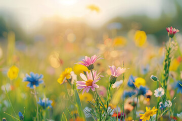 Wall Mural - A vibrant field of colorful wildflowers under soft glowing sunlight