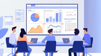 Poster - a conference room with a projector showing billing data and electronic invoices on a spreadsheet, wi
