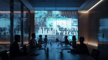 Poster - A conference room with a projector showing billing data and electronic invoices on a spreadsheet, with team members analyzing the information.