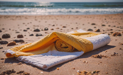 Fototapete - Yellow and white towel is laying on the sand. The towel is rolled up and has a white stripe