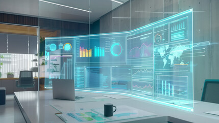 Poster - A futuristic workspace with holographic displays of billing data spreadsheets, real-time transactions, and categorized expenses visualized in AR.