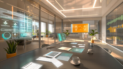 Poster - A futuristic workspace with holographic displays of billing data spreadsheets, real-time transactions, and categorized expenses visualized in AR.