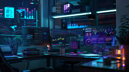 Poster - A futuristic workspace with holographic displays of billing data spreadsheets, real-time transactions, and categorized expenses visualized in AR.