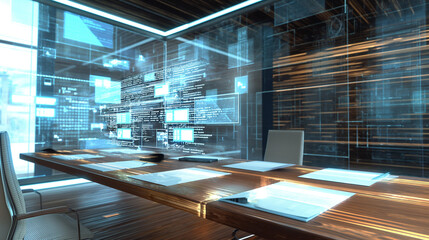 Poster - A futuristic workspace with holographic displays of billing data spreadsheets, real-time transactions, and categorized expenses visualized in AR.