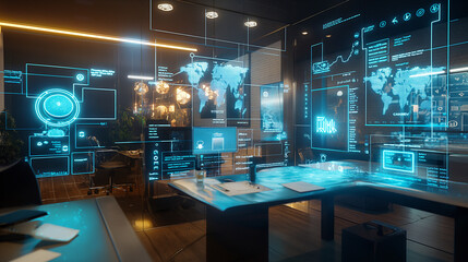 Poster - A futuristic workspace with holographic displays of billing data spreadsheets, real-time transactions, and categorized expenses visualized in AR.