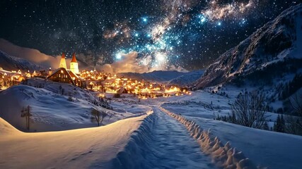 Wall Mural - Snowy path leading to a distant, glowing village under a starlit sky, with the path and snow reflecting the light of the village. . 4K Video