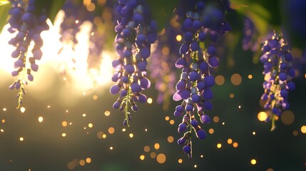 Wall Mural - Sunset light illuminating clusters of purple wisteria flowers.