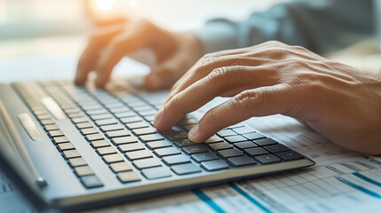 Poster - Hands typing on a keyboard as a detailed billing and invoicing spreadsheet is displayed on a high-resolution computer screen.