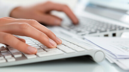 Poster - hands typing on a keyboard as a detailed billing and invoicing spreadsheet is displayed on a high-re