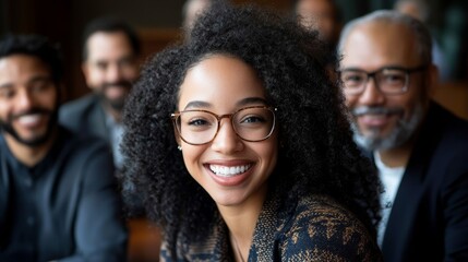 Poster - Group shot featuring a smiling businesswoman in focus at a professional gathering in a modern office environment for networking success